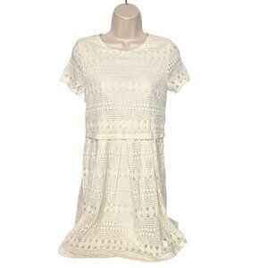 Net Women's A Line Dress Size 6 Cream Crochet Lace Zip Up Short Sleeve Ruffles